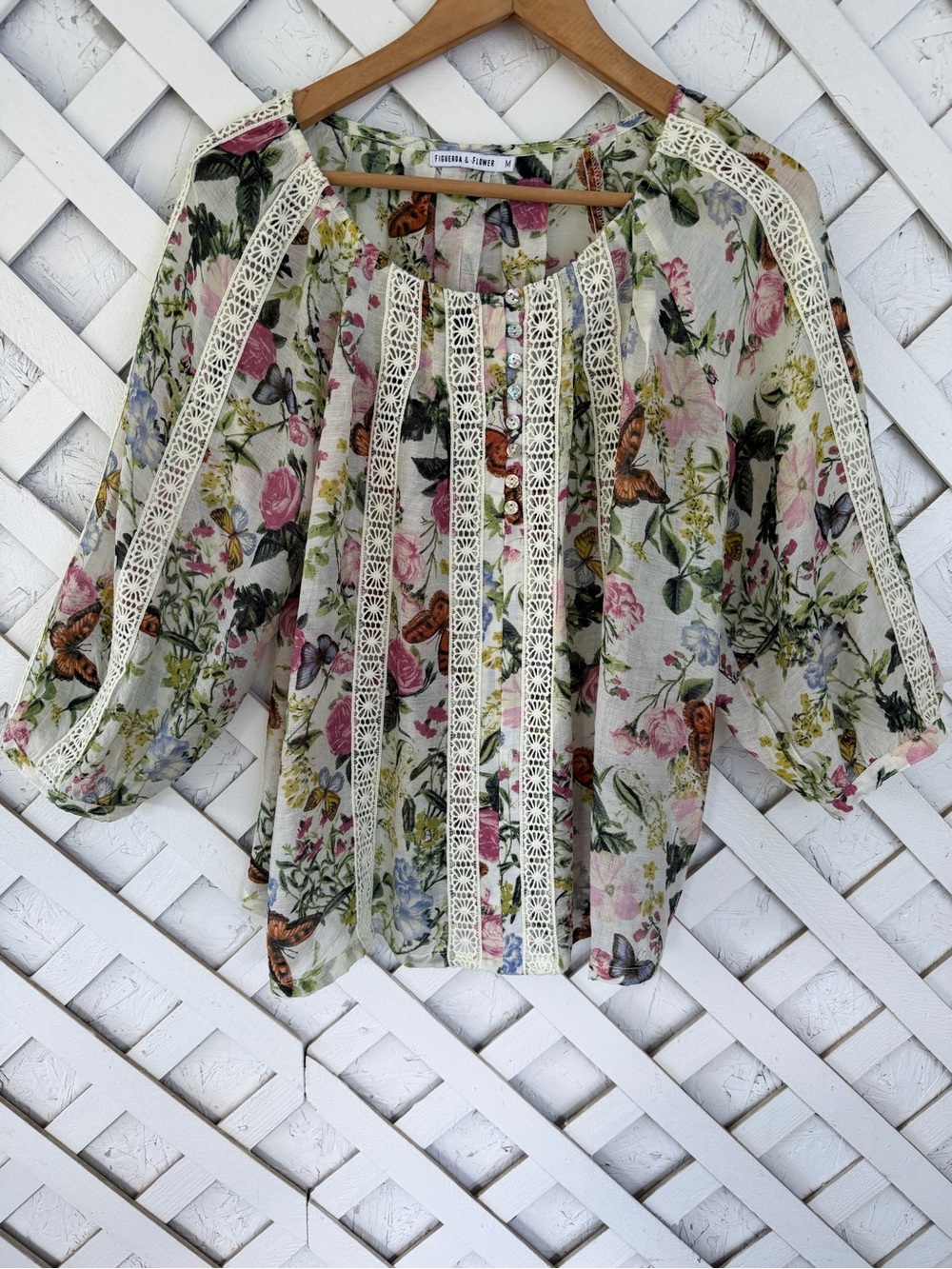 Figueroa & Flower Butterfly & Floral Print Peasant Top Medium